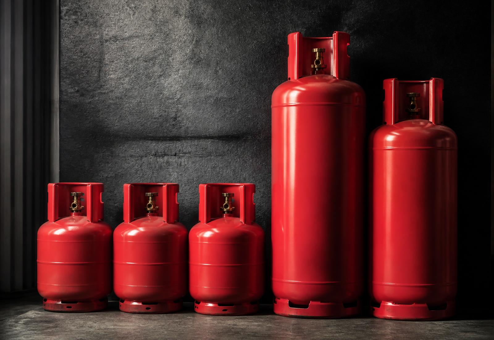 Commercial LPG cylinders of multiple sizes at an industrial supply depot